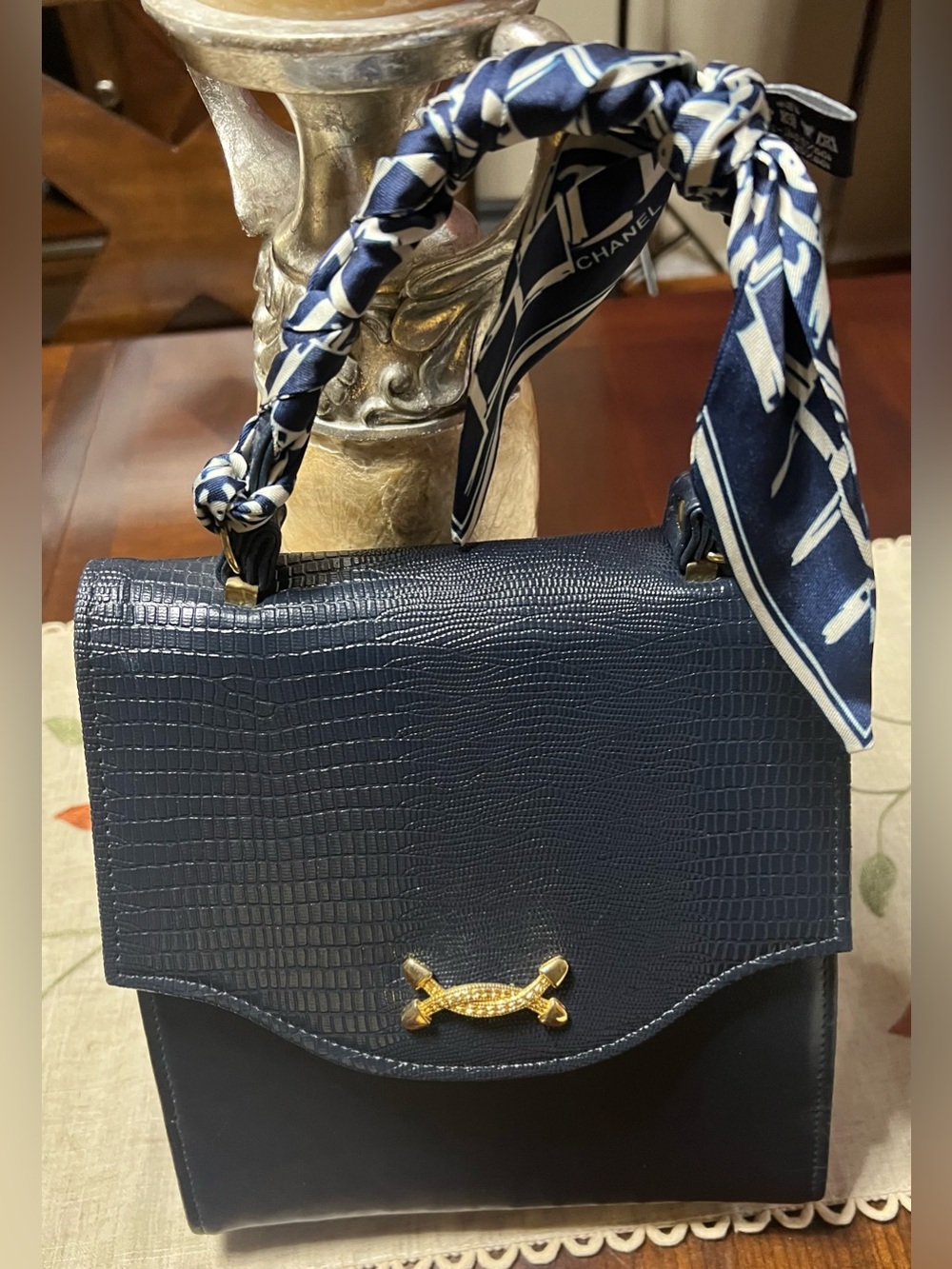 Vintage Navy Top-Handle Women’s Bag with Fashion Scarf